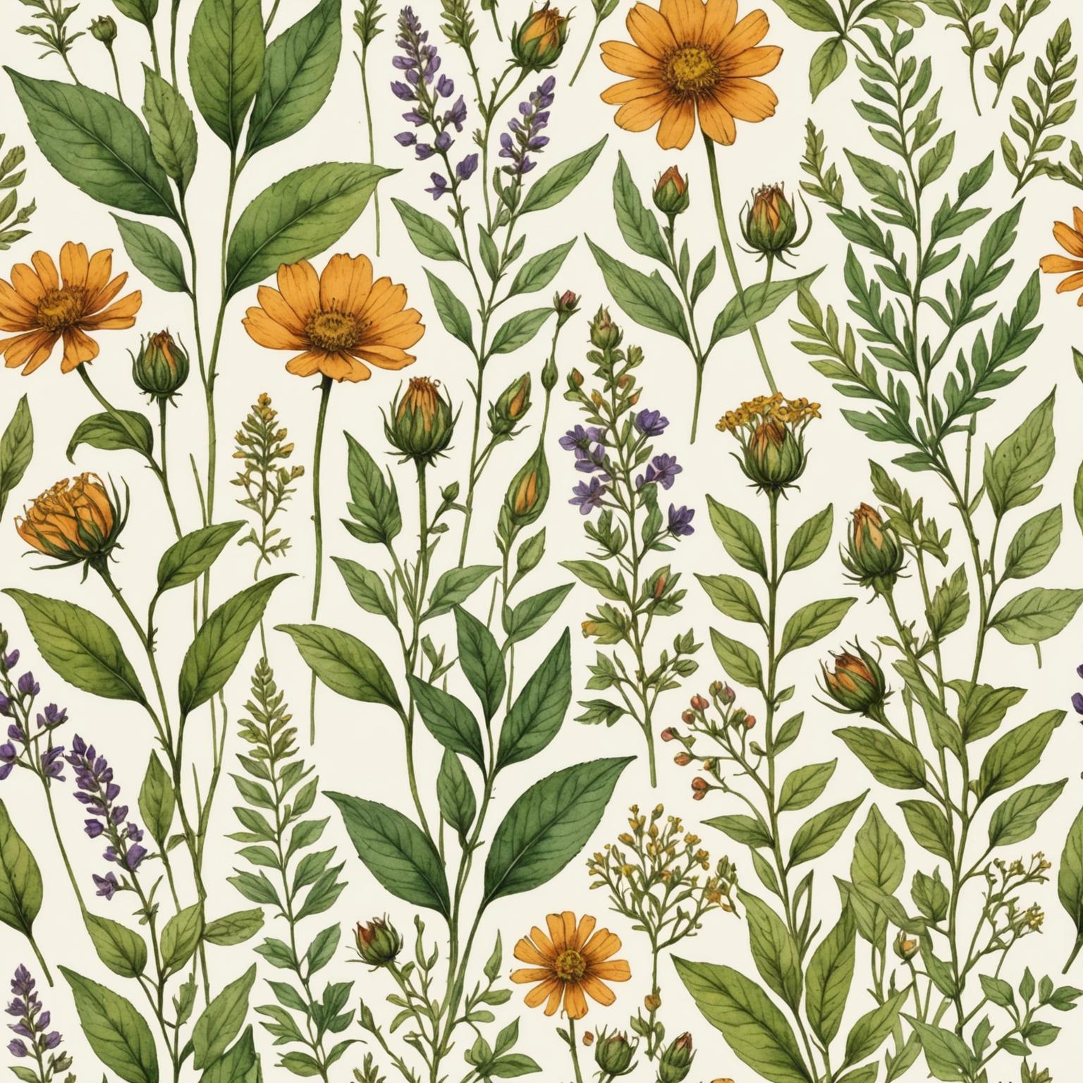 Botanical illustration watercolour study of wildflowers and herbs