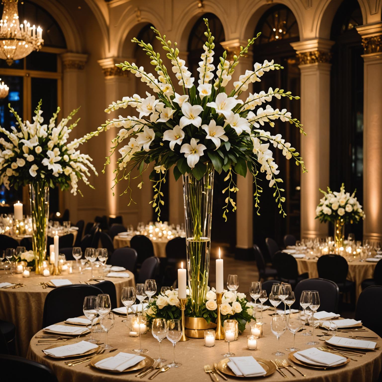 Elegant event table centrepiece with tall floral arrangements and candles