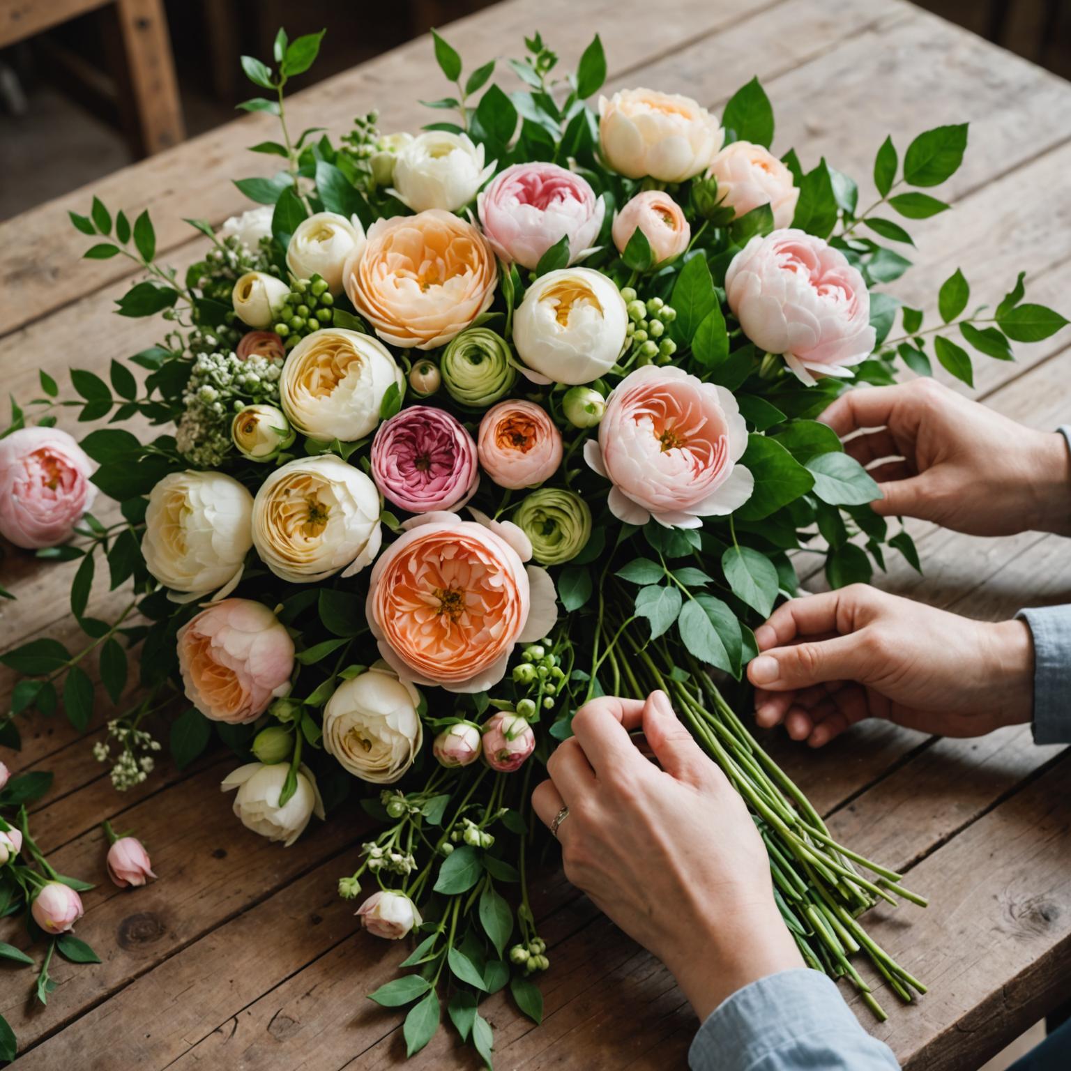 Hands creating an elegant floral bouquet on a workbench