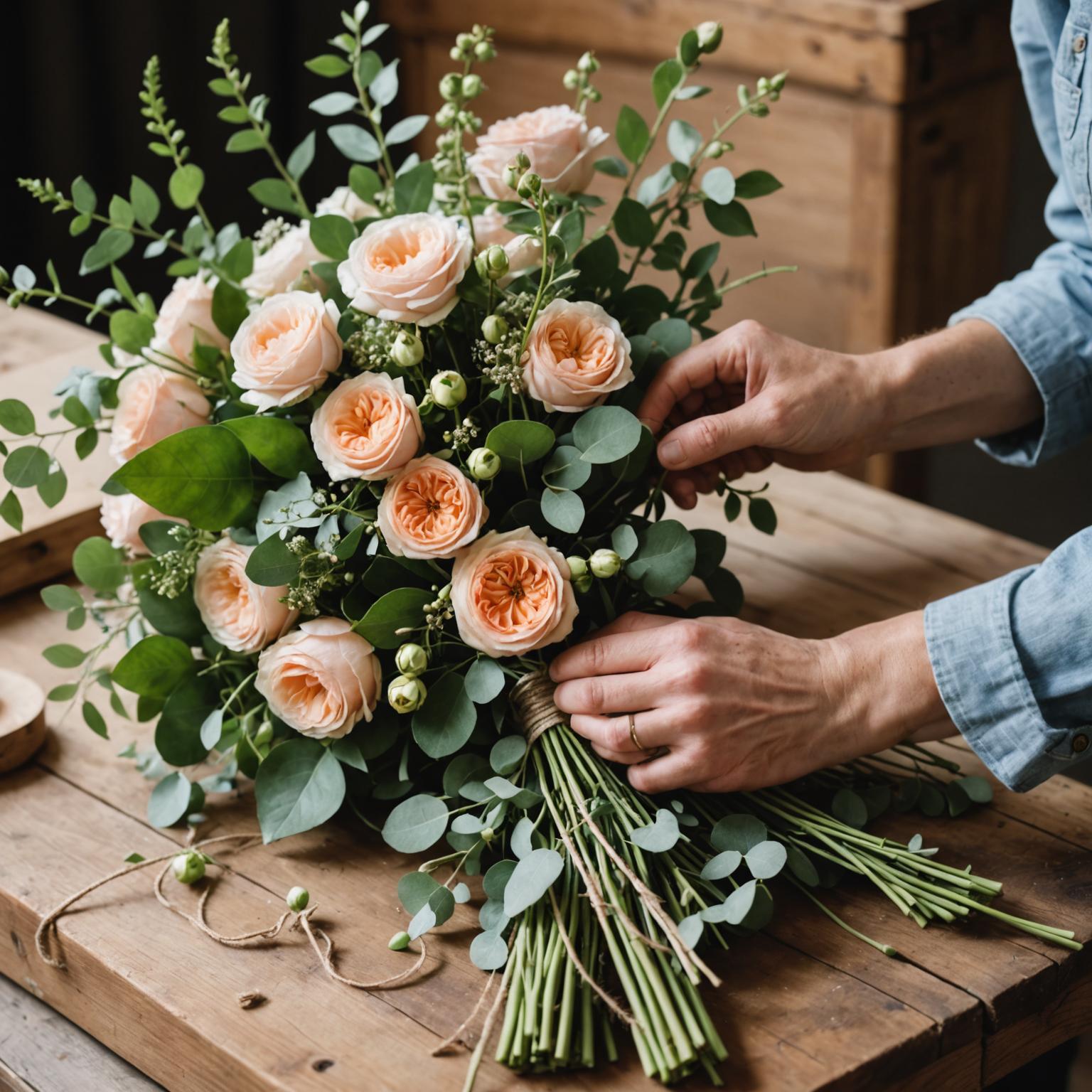 Florist hands tying a hand-tied garden bouquet