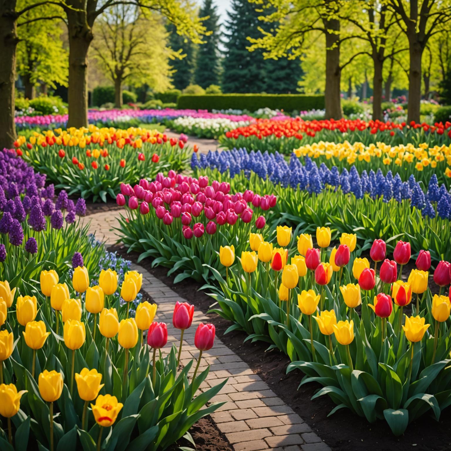 Vibrant spring garden with blooming tulips, daffodils, and ranunculus