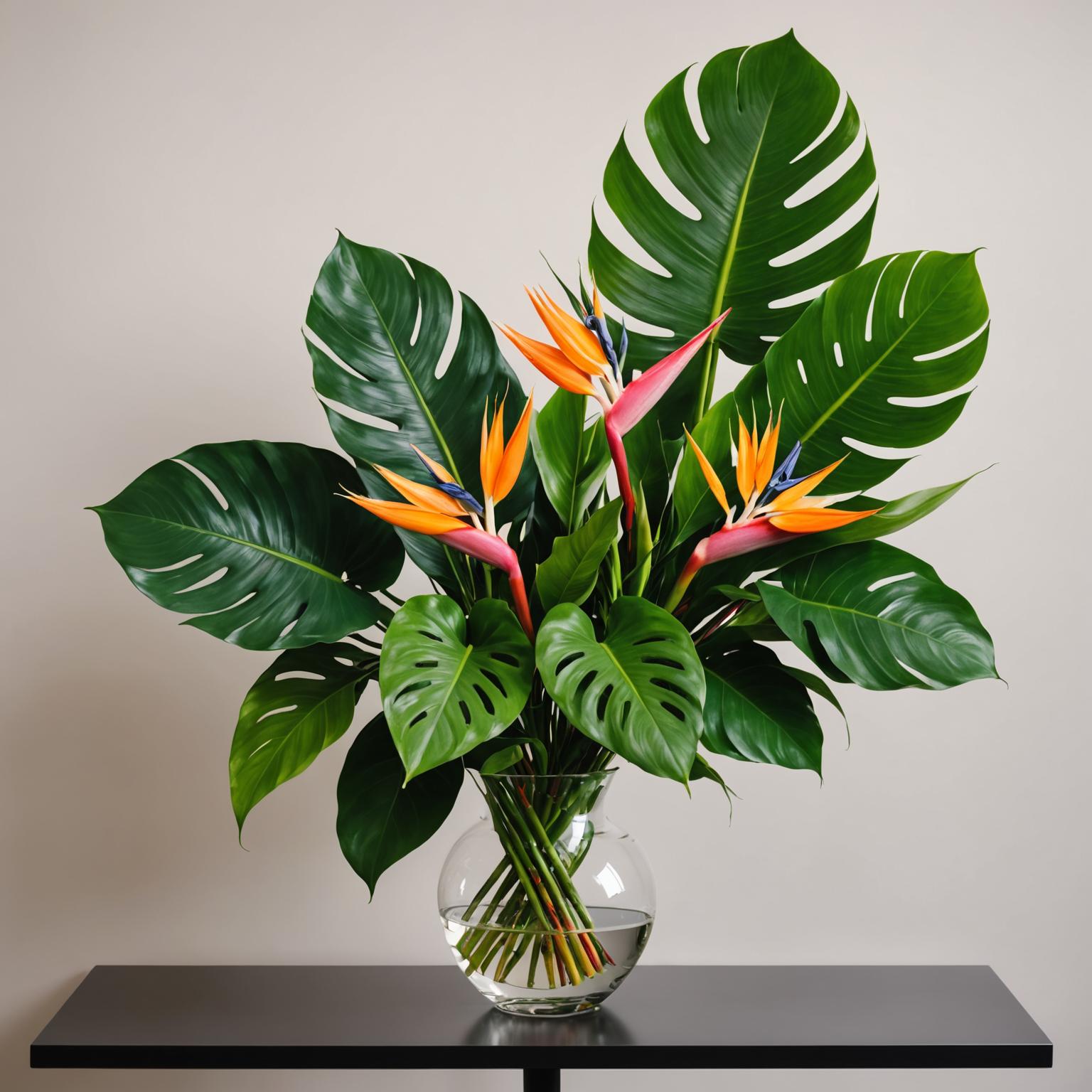 Bold tropical flower arrangement with birds of paradise and monstera