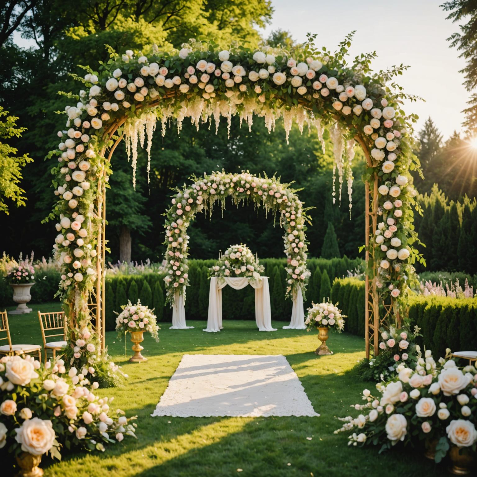 Lush floral arch arrangement with roses and trailing greenery at a wedding ceremony