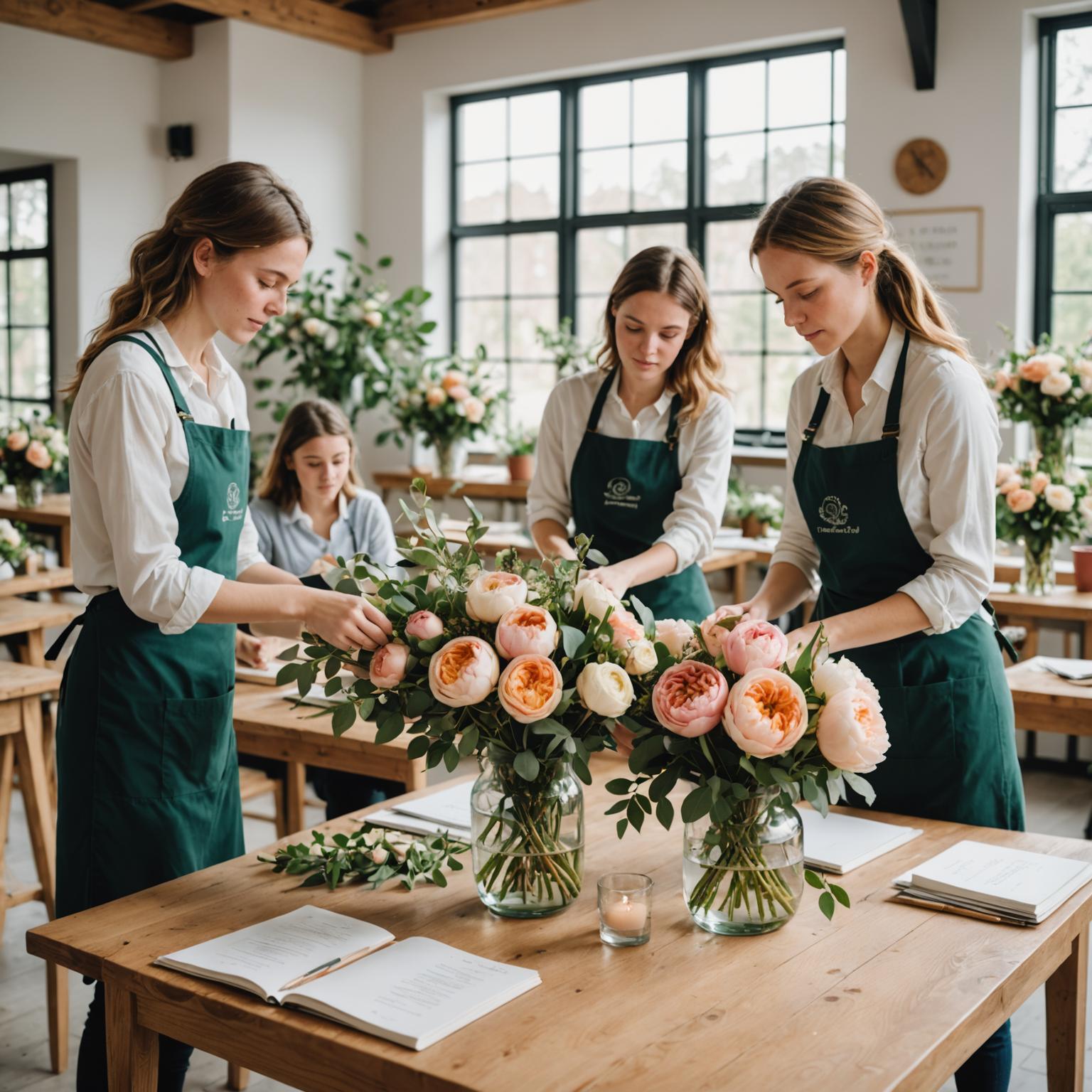 Floral design students arranging flowers in a bright workshop